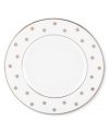 Pave your table in polka dots for fine dining without the formality. From kate spade new york dinnerware, the Larabee Road saucer features luxe bone china with platinum accents that combine easy elegance and irresistible whimsy.