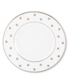 Pave your table in polka dots for fine dining without the formality. From kate spade new york dinnerware, the Larabee Road saucer features luxe bone china with platinum accents that combine easy elegance and irresistible whimsy.