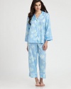 Romantic flowers decorate this classic pajama set in ultra-soft cotton sateen. Notch collarDropped shouldersLong sleevesButton frontContrast piping at neckline and cuffsElasticized waistbandInseam, about 26CottonMachine washImported