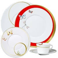For over two centuries Raynaud has created unique Limoges porcelain, with a marked preference for relief shapes and generously colored and gilt decorations. Metamorphoses is a striking pattern of red and gold with a butterfly motif. For over two centuries Raynaud has created unique Limoges porcelain, with a marked preference for relief shapes and generously colored and gilt decorations. Metamorphoses is a striking pattern of red and gold with a butterfly motif.