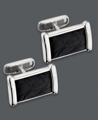 Poised and elegant. This sophisticated pair of men's cuff links presents a rectangular shape in sterling silver with a genuine black alligator print inlay. Approximate size: 5/8 inch x 1/2 inch. Poised and elegant. This sophisticated pair of men's cuff links presents a rectangular shape in sterling silver with a genuine black alligator print inlay. Approximate size: 5/8 inch x 1/2 inch.