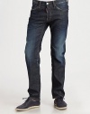 Straight-fit jeans with generous fading and distressing throughout the leg in a five-pocket style with logo detail on back pocket.Five-pocket styleInseam, about 3198% cotton/2% elastaneMachine washMade in Italy 