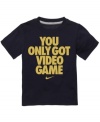 Oh snap. He can show off his competitive side with this cheeky caption tee from Nike.