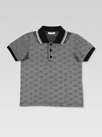 Distinctive double-G diamond pattern polo shirt sports signature stripes at the collar.Striped rib knit polo collar Button placket Short sleeves with solid banded cuffs Straight hem Cotton; hand wash Made in Italy Distinctive double-G diamond pattern polo shirt sports signature stripes at the collar.Striped rib knit polo collar Button placket Short sleeves with solid banded cuffs Straight hem Cotton; hand wash Made in Italy