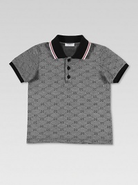 Distinctive double-G diamond pattern polo shirt sports signature stripes at the collar.Striped rib knit polo collar Button placket Short sleeves with solid banded cuffs Straight hem Cotton; hand wash Made in Italy