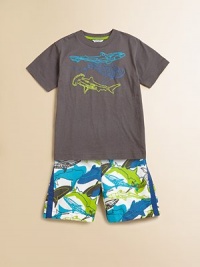 Swimming with the sharks is in style, especially when they're embroidered onto this plush cotton, short-sleeved knit.CrewneckShort sleevesPullover styleCottonMachine washImported Swimming with the sharks is in style, especially when they're embroidered onto this plush cotton, short-sleeved knit.CrewneckShort sleevesPullover styleCottonMachine washImported