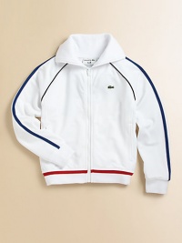 He'll be at the top of his game in this zip-front track jacket with slash pockets and sporty stripes for cool athletic style.Stand collarLong sleevesFull-zip frontSlash pocketsRibbed cuffs and hemFully linedPolyesterMachine washImported He'll be at the top of his game in this zip-front track jacket with slash pockets and sporty stripes for cool athletic style.Stand collarLong sleevesFull-zip frontSlash pocketsRibbed cuffs and hemFully linedPolyesterMachine washImported