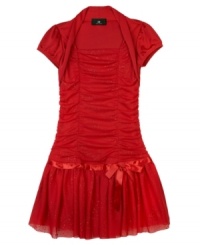 Decorated with a ribboned bow at waist, she'll be all that glitters in this sparkly shrug dress by BCX. Decorated with a ribboned bow at waist, she'll be all that glitters in this sparkly shrug dress by BCX.