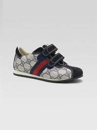 Handsome GG jacquard, richly trimmed with velvety suede and accented with signature Gucci stripes.GG fabric upperSuede toe, straps and back accentsDouble grip-tape close strapsRubber soleMade in Italy Handsome GG jacquard, richly trimmed with velvety suede and accented with signature Gucci stripes.GG fabric upperSuede toe, straps and back accentsDouble grip-tape close strapsRubber soleMade in Italy