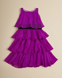 There's nothing like ruffled tiers to make your party girl want to dance! This cute chiffon dress from Un Deux Trois is ready for the dancefloor. There's nothing like ruffled tiers to make your party girl want to dance! This cute chiffon dress from Un Deux Trois is ready for the dancefloor.