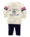 An ultra-comfortable set includes a stylish collegiate-inspired varsity fleece sweatshirt and legging, rendered in a stripe and owl print.