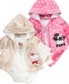 Delicate and sweet 3 piece pattern hoodie with her favorite cute cat or dog, solid bodysuit, and solid pants by First Impressions.