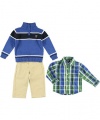 Izod Kids Baby-boys Infant Stripe 1/4 Zip Sweater With Plaid Woven Shirt and Pant, Medium Blue, 24 Months