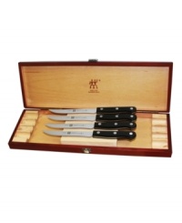 A striking setting. This steak knife collection sits pretty on your table with stainless steel ice-hardened blades, triple-riveted handles and stamped constructions-the ultimate combination to master your favorite cut of meat. Stores in an attractive presentation box. Lifetime warranty. A striking setting. This steak knife collection sits pretty on your table with stainless steel ice-hardened blades, triple-riveted handles and stamped constructions-the ultimate combination to master your favorite cut of meat. Stores in an attractive presentation box. Lifetime warranty.