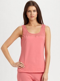 Sleeveless luxe pima cotton blend with semi-sheer mesh paneling. ScoopneckSleevelessWide strapsAbout 24¾ from shoulder to hem95% pima cotton/5% elastaneHand washMade in Italy Sleeveless luxe pima cotton blend with semi-sheer mesh paneling. ScoopneckSleevelessWide strapsAbout 24¾ from shoulder to hem95% pima cotton/5% elastaneHand washMade in Italy