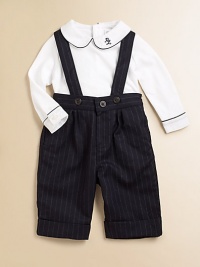 This essential set pairs a classic pinstripe overall with a soft cotton jersey bodysuit. Bodysuit Twill club collarLong sleeves with barrel cuffsBack buttonsBottom snaps Overall Adjustable shoulder strapsFront and back strap closuresCuffed hemCottonMachine washImported Please note: Number of buttons/snaps may vary depending on size ordered. This essential set pairs a classic pinstripe overall with a soft cotton jersey bodysuit. Bodysuit Twill club collarLong sleeves with barrel cuffsBack buttonsBottom snaps Overall Adjustable shoulder strapsFront and back strap closuresCuffed hemCottonMachine washImported Please note: Number of buttons/snaps may vary depending on size ordered.