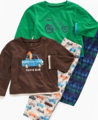 Cuddly commute. He can dream of busy streets when he's settled in bed in one of these Calvin Klein tee and pajama pants sets. Cuddly commute. He can dream of busy streets when he's settled in bed in one of these Calvin Klein tee and pajama pants sets.