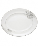 With Monique Lhuillier's designer touch, luxe bone china blossoms into the gorgeous Sunday Rose oval platter. Featuring bands of platinum, luscious blooms and twinkling dots.