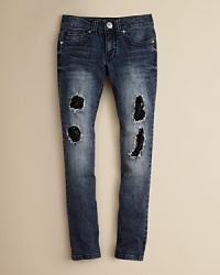 These jeans are so vintage inspired it's like she inherited them from you - but with a clever modern twist. Sequins peek out from the distressed patches on the legs, and the skinny fit is trend-smart.