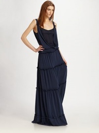 Soft, layered jersey in this season's must-have maxi silhouette, finished with tiered ruffles at the skirt.ScoopneckGathered shoulder strapsCrossover overlayWide waistbandTiered skirtAbout 64¼ from natural waistPolyesterDry cleanImported Soft, layered jersey in this season's must-have maxi silhouette, finished with tiered ruffles at the skirt.ScoopneckGathered shoulder strapsCrossover overlayWide waistbandTiered skirtAbout 64¼ from natural waistPolyesterDry cleanImported