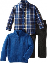 Izod Kids Boys 2-7 Zip Solid Sweater Plaid Shirt and Jean 3 Piece Set, Medium Blue, 6 Regular