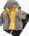 Keep him warm and looking trendy in this super adorable 3 piece hoodie, shirt, and pant set by First Impressions.