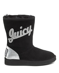 Keep her winter look dazzling with these signature Juicy Couture slip-on suede boots with sparkling logo and warm fuzzy lining. Keep her winter look dazzling with these signature Juicy Couture slip-on suede boots with sparkling logo and warm fuzzy lining.