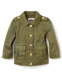 Juicy Couture offers up the softer side of the army look. The military jacket has 3/4 sleeves, rounded collar and pockets and logo buttons along the front. Juicy Couture offers up the softer side of the army look. The military jacket has 3/4 sleeves, rounded collar and pockets and logo buttons along the front.
