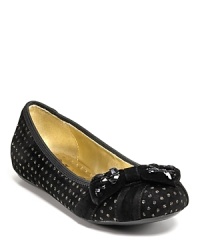 Juicy Couture's posh velvet flats tout polka dots and sparkling bows at the toes. Juicy Couture's posh velvet flats tout polka dots and sparkling bows at the toes.