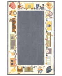 All aboard! The train's coming through the station with this irresistible rug from Momeni's Lil Mo Classic collection. The soft periwinkle blue colorway is surrounded by a train-themed border, complete with all kinds of fun, stimulating images. Hand-hooked of pure cotton, the rug features a cut-loop construction that gives the printed motifs a raised effect and tons of texture. All aboard! The train's coming through the station with this irresistible rug from Momeni's Lil Mo Classic collection. The soft periwinkle blue colorway is surrounded by a train-themed border, complete with all kinds of fun, stimulating images. Hand-hooked of pure cotton, the rug features a cut-loop construction that gives the printed motifs a raised effect and tons of texture.