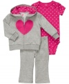 What a big heart. Let everyone know she's got plenty of love to go around in this darling 3-piece bodysuit, hoodie and pant set from Carter's.