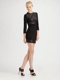 Supple leather panels make a bold statement on this ultra-modern body-con LBD.Three-quarter sleeves Back zip About 18½ from natural waist 63% rayon/32% nylon/5% spandex; dry clean ImportedOUR FIT MODEL RECOMMENDS ordering true size. Supple leather panels make a bold statement on this ultra-modern body-con LBD.Three-quarter sleeves Back zip About 18½ from natural waist 63% rayon/32% nylon/5% spandex; dry clean ImportedOUR FIT MODEL RECOMMENDS ordering true size.