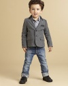 Soft cotton takes on a tailored, grown up silhouette in this handsome topper with jersey trim and logo detail.Notched collarLong sleeves with button cuffsSingle-breasted button frontWelt pocketFlap pocketsCottonDry cleanImported Please note: Number of buttons may vary depending on size ordered. 