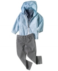 Isn't it refreshing? Lighten up his casually cool wardrobe with this shirt, jacket and pant set from Kenneth Cole. Isn't it refreshing? Lighten up his casually cool wardrobe with this shirt, jacket and pant set from Kenneth Cole.