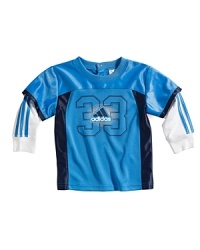 A sporty look for your little, featuring Adidas' iconic styling on a football jersey, updated with knit insets for the layered look without the bulk. A sporty look for your little, featuring Adidas' iconic styling on a football jersey, updated with knit insets for the layered look without the bulk.