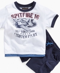 On the fly. Keep him comfy and cute no matter which way the day goes with this fun t-shirt and short set from Nannette. On the fly. Keep him comfy and cute no matter which way the day goes with this fun t-shirt and short set from Nannette.