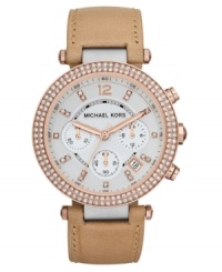 A glamorous bezel adds beauty to this vachetta leather Parker watch from Michael Kors. A glamorous bezel adds beauty to this vachetta leather Parker watch from Michael Kors.