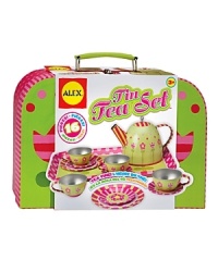 This 16-piece floral themed tin tea set is presented in a bright, beautiful printed case and includes a teapot with lid, 4 cups, 4 saucers, 4 plates and a serving tray.