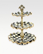 A beautifully handcrafted, tiered ceramic stand in a checkerboard juxtaposition of ivory and onyx with gold luster. The perfect addition to a buffet or party is fired three times for added strength to last a lifetime. Hand-painted and -glazed 15 high Fluted plates, 7½, 9, 11 diam. Hand wash Made in USA 