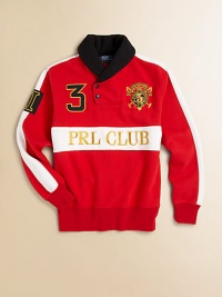 A classic shawl collar pullover is rendered in soft cotton and updated with sporty embroidery.Shawl collarLong sleeves with stripesButton-frontRibbed cuffs and hemCottonMachine washImported Please note: Number of buttons may vary depending on size ordered. A classic shawl collar pullover is rendered in soft cotton and updated with sporty embroidery.Shawl collarLong sleeves with stripesButton-frontRibbed cuffs and hemCottonMachine washImported Please note: Number of buttons may vary depending on size ordered.