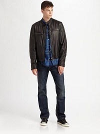 A slim-fitting version of an all-American classic, crafted with traditional five-pocket styling in polished, dark-washed denim. Five-pocket style Button fly Metal logo plaque on back waist Cotton; machine wash Imported A slim-fitting version of an all-American classic, crafted with traditional five-pocket styling in polished, dark-washed denim. Five-pocket style Button fly Metal logo plaque on back waist Cotton; machine wash Imported