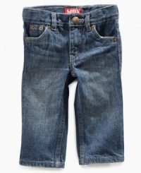 He's not too young for up-to-date fashion. Get your baby boy a pair of skinny jeans from Levis and he'll be strutting in style. He's not too young for up-to-date fashion. Get your baby boy a pair of skinny jeans from Levis and he'll be strutting in style.