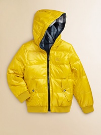 Weather-resistant nylon on one side, smart checks on the other, both quilted, both sporty, both ready to keep your young man stylishly warm.Attached hoodFront zipperLong sleeves with ribbed knit cuffsEmbroidered chest logo on solid sideAngled front pocketsRibbed knit waistbandNylonMachine washImported Weather-resistant nylon on one side, smart checks on the other, both quilted, both sporty, both ready to keep your young man stylishly warm.Attached hoodFront zipperLong sleeves with ribbed knit cuffsEmbroidered chest logo on solid sideAngled front pocketsRibbed knit waistbandNylonMachine washImported