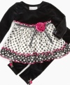 Delightful solid tunic with polka dot skirt and ruffles by Bonnie Baby. The set also includes matching leggings with rose details on the ankles.