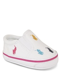 A preppy slip on with embroidered pony logo allover. A preppy slip on with embroidered pony logo allover.