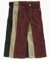 Traditional corduroy with a modern cut, these Request pants round out his contemporary edge.