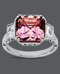 Polished to perfection. Arabella's stunning statement ring features a princess-cut pink Swarovski zirconia (9-1/4 ct. t.w.) and round-cut clear cubic zirconias (7/8 ct. t.w.). Crafted in sterling silver. Size 7. Polished to perfection. Arabella's stunning statement ring features a princess-cut pink Swarovski zirconia (9-1/4 ct. t.w.) and round-cut clear cubic zirconias (7/8 ct. t.w.). Crafted in sterling silver. Size 7.