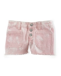 The tie-dyed denim short is finished with allover contrast fading and a cut-off hem for a timeworn look. The tie-dyed denim short is finished with allover contrast fading and a cut-off hem for a timeworn look.