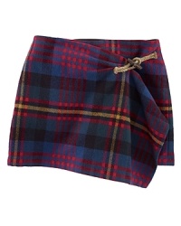 Rendered in soft cotton, a pretty wrap skirt exudes outdoorsy charm with a plaid pattern and wooden toggle closure. Rendered in soft cotton, a pretty wrap skirt exudes outdoorsy charm with a plaid pattern and wooden toggle closure.