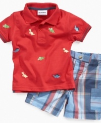 Dig up some fun! Encourage his inner archaeologist with this adorable dinosaur polo shirt and plaid shorts from Blueberi Boulevard. Dig up some fun! Encourage his inner archaeologist with this adorable dinosaur polo shirt and plaid shorts from Blueberi Boulevard.